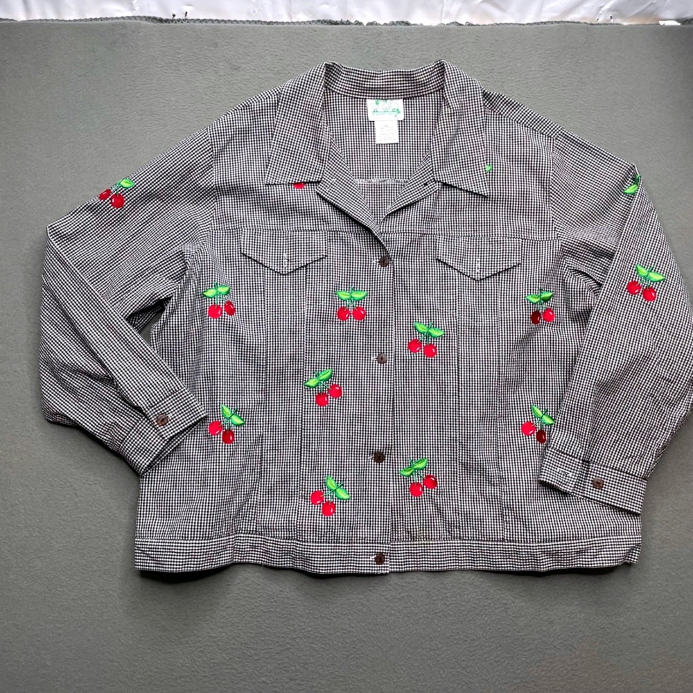 The Quacker Factory Women Jacket Gingham Cherry Embroidered 3X Cottagecore Retro